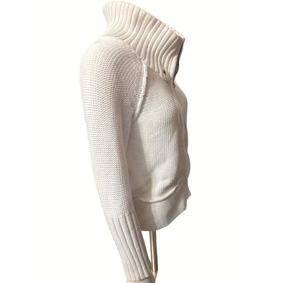 American Eagle Outfitters White Cotton Knit Zip Sweater With High Collar Pockets - Picture 4 of 13